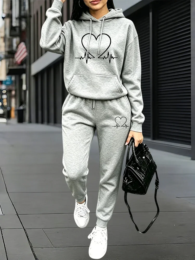 2026 New Arrival Women's Tracksuit Hoodie and Sweatpants Heart Printed Hooded Outfit Fall Winter Daily Casual Sports Jogger Suit view 2