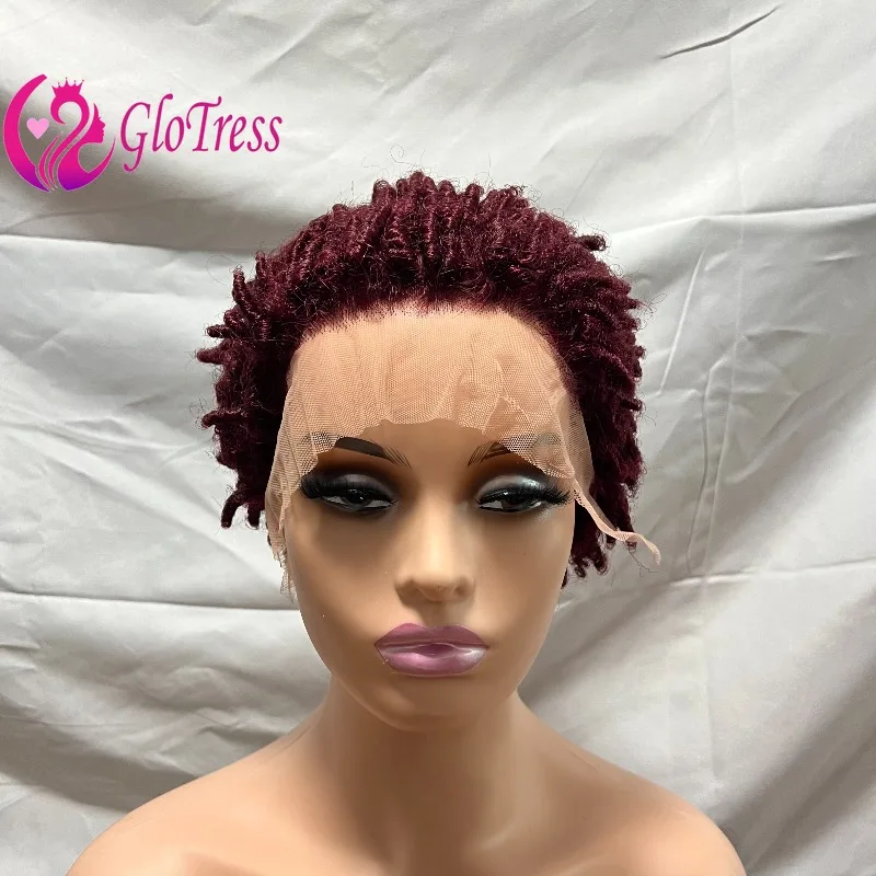 

6 Inch 99J Short Curly Human Hair Butterfly Locs 13x4 Lace Frontal Wig Afro Kinky Curly Glueless Wigs for Black Women Daily Wear