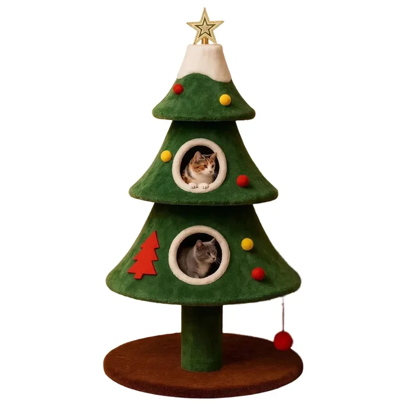 Wood Christmas Tree Big Cat Climbing Frame with Nest-Cat Toy for Winter Holiday