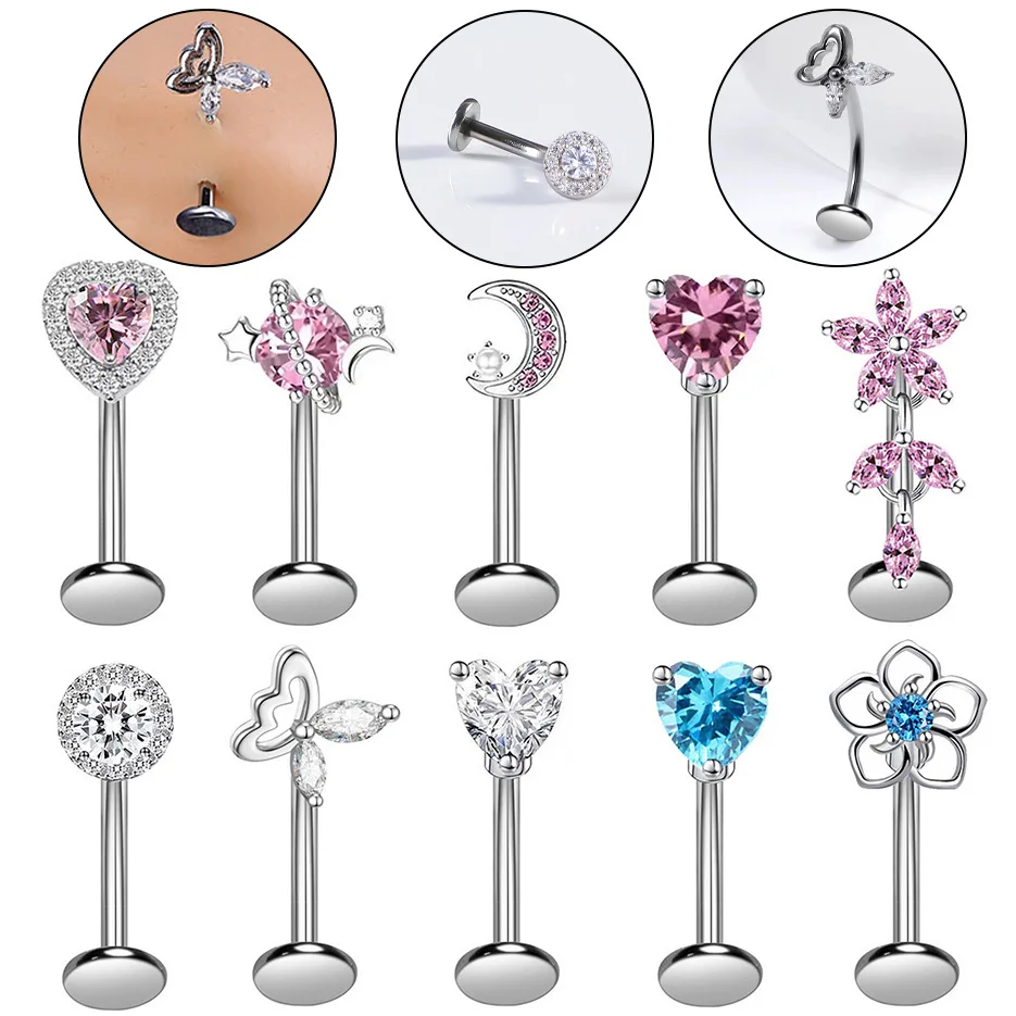 New T-shaped Curved Rod Eyebrow Stud Lip Ring Butterfly Heart-shaped Flower Zircon Eyebrow Rings Body Piercings Earrings Jewelry
