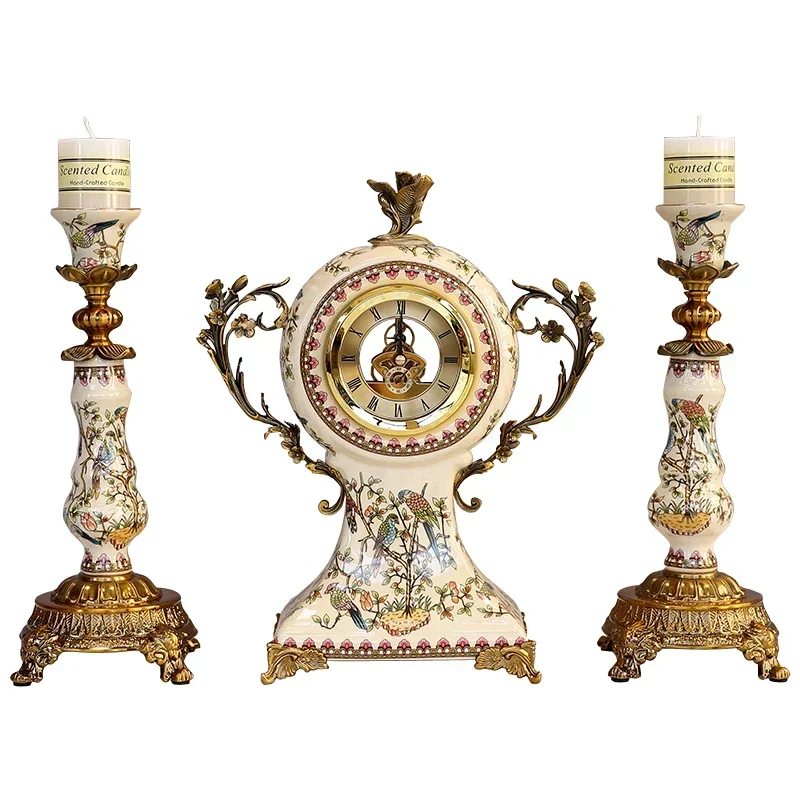 

Настольный светильник-часы в европейском ретро-стиле для гостиной и прихожей, с керамическим основанием и подставкой для свечи, из сплава, для демонстрационных комнат