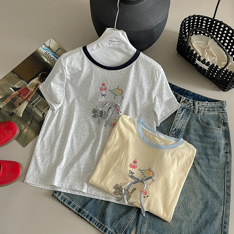 

Wedbleser Color Blocking Round Neck Cartoon Printed Checkered Strap T-shirt 2025 Women Summer New Short Sleeved Loose Top Trend