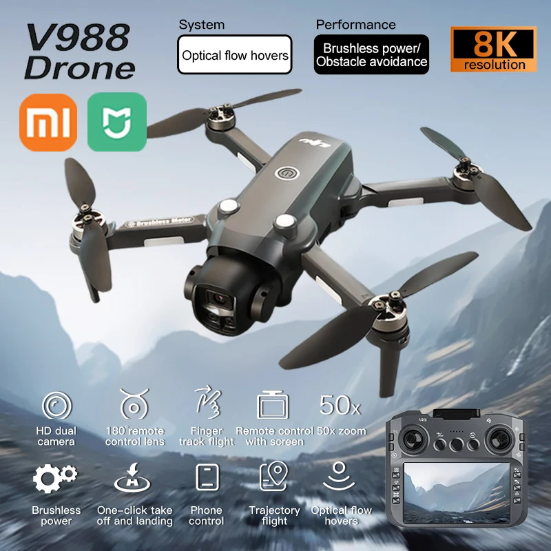 

xiaomi V988 Drone 4K Professional 8K HD Dual Camera Remote control with large screen FPV Quadcopter 5G WIFI Foldable dron Mijia