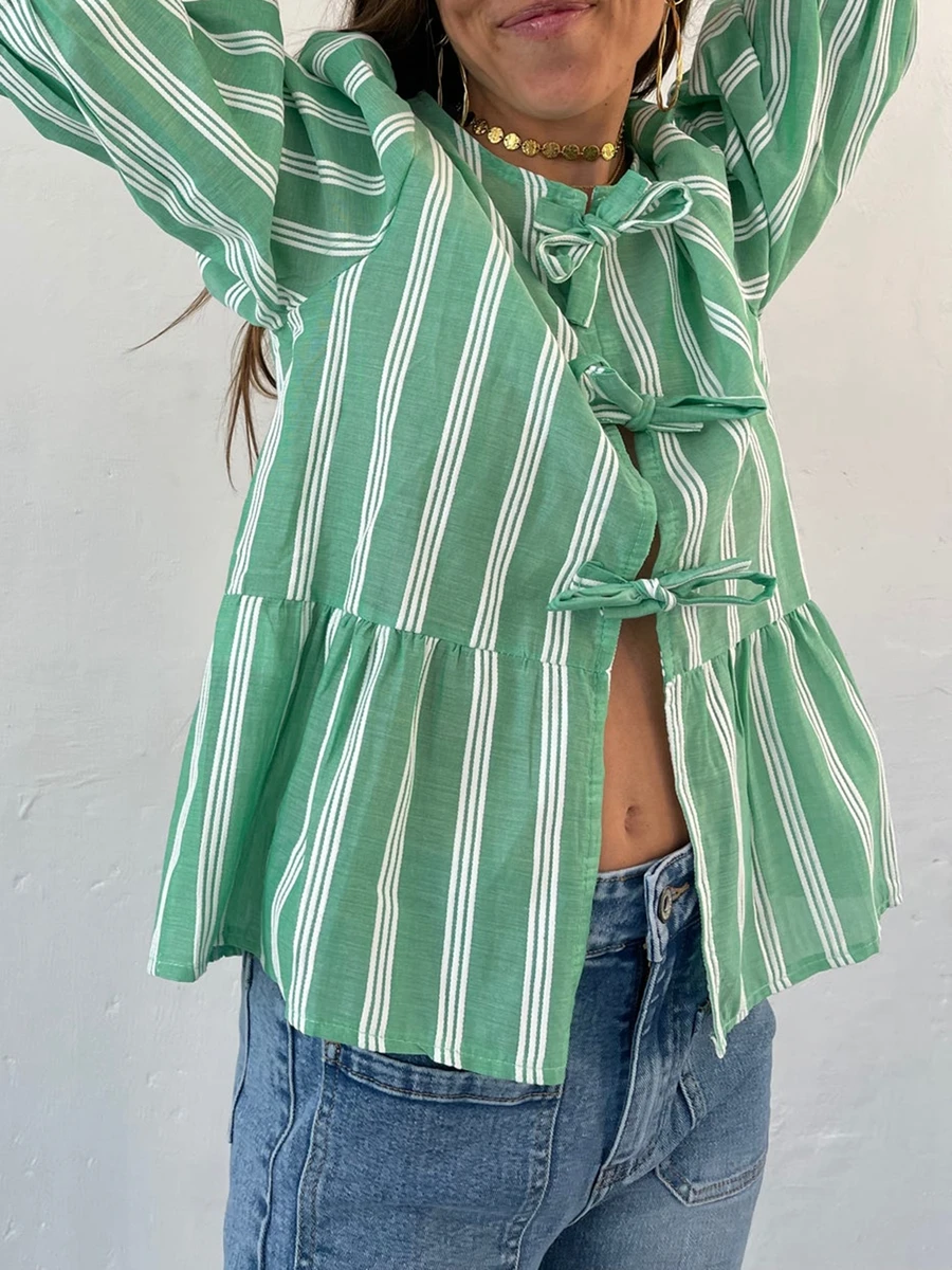 

Women Tie Front Peplum Shirt Y2K Puff Sleeve Striped Babydoll Blouse Tops Summer Cute Ruffle Hem Bow Tie Shirt