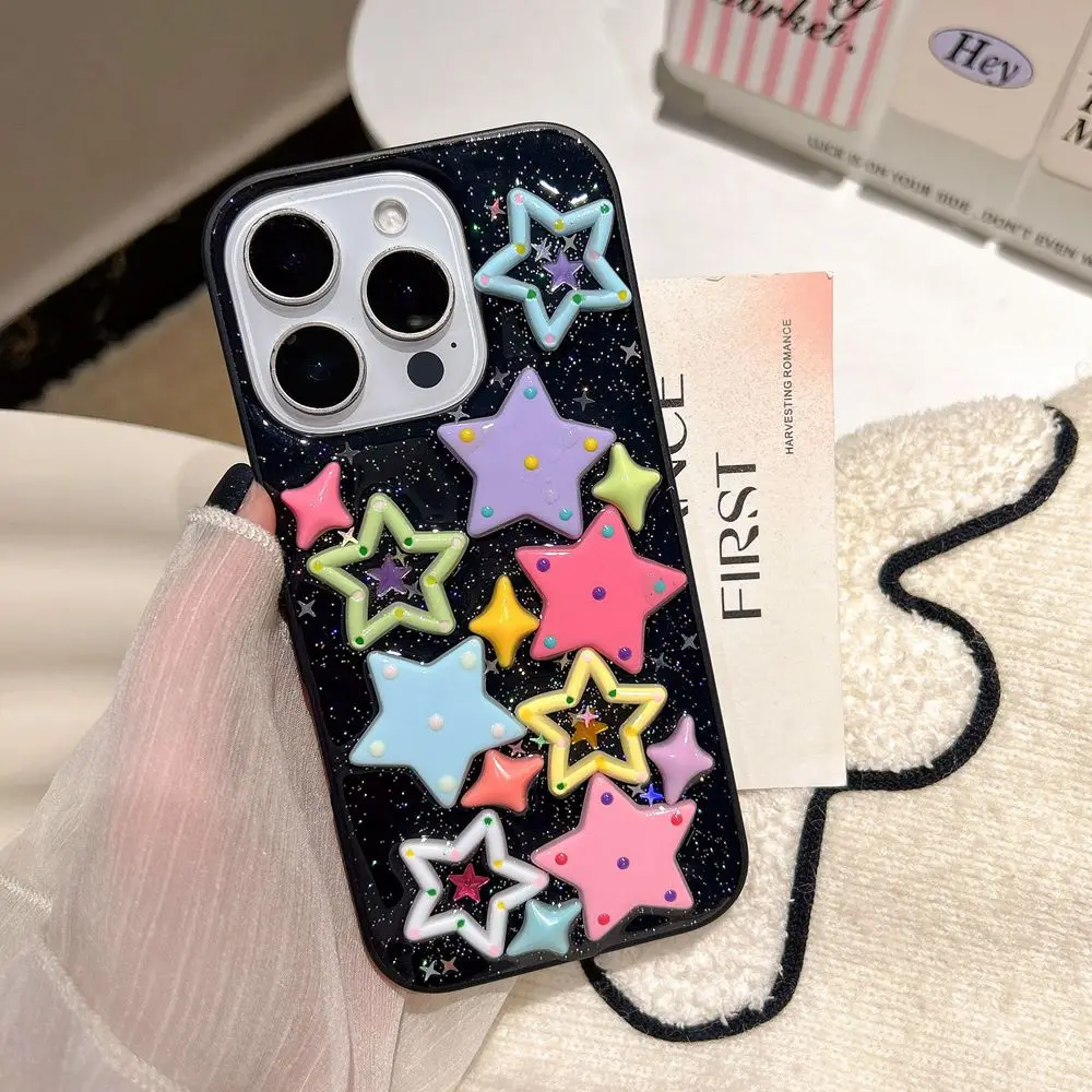 

Fashion Dopamine Star Shining Phone Case For iPhone 16 Plus 15 11 12 13 14 Pro Max Glitter 3D Epoxy Soft Cover Korea Girl Shell