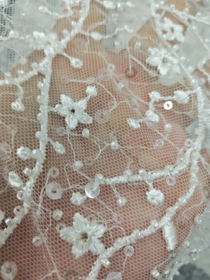 2024 Heaving Beading Pearls Wedding Gown Dress Lace Fabric Sequins Lace Sell By Yard 130cm Width