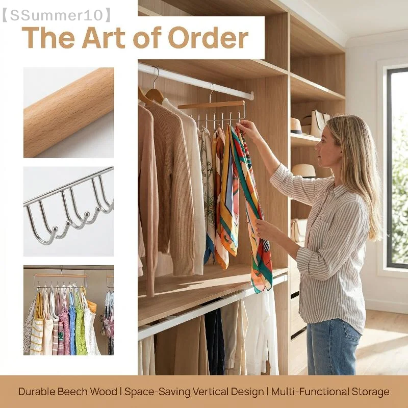 【SSummer10】Versatile Wooden Hat Organizer Rack with Hooks - Space-Saving Storage for Caps Belts Ties Home Display【SS】 view 3