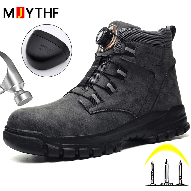 Waterproof Men Boots Rotating Buttons Safety Shoes Men Puncture-Proof Work Boots Steel Toe Shoes Light Indestructible Shoes