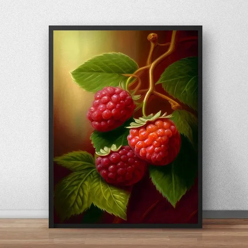 Modern Vintage Botanical Strawberry Raspberries Lemon Poster Print Canvas Painting Wall Art Living Room Kitchen Home Decor