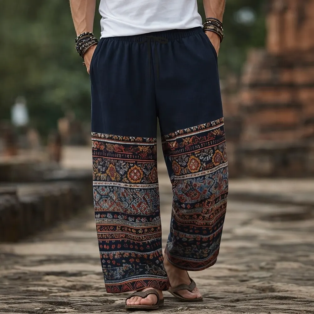 

Men's 3D Ethnic Floral Print Casual Pants, Baggy Mid Waist, Elastic Drawstring Waist, Spring Summer