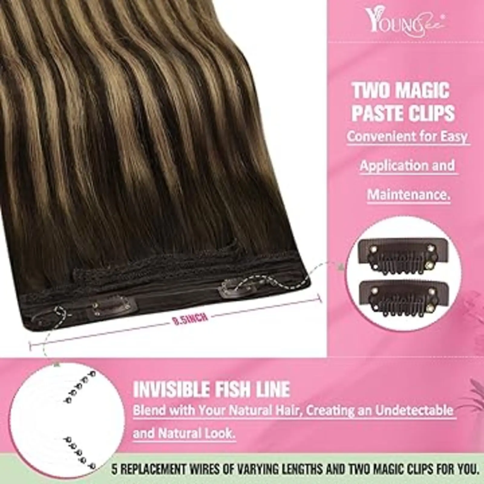 Extensiones de cabello de alambre YoungSee, pieza de cabello humano Real, cabello Natural liso y sedoso, Color marrón, 12-20 pulgadas