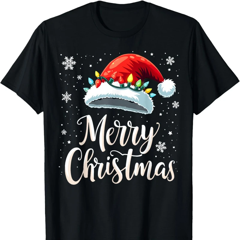 

Red Santa Hat Christmas T-shirt with Christmas Lights,Men and Women Crew Neck Short Sleeve Cotton Top Casual Fashion Comfortable