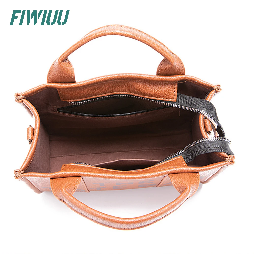 Fiwiuu PU Tote Bag Letter Print Shoulder Bag Handbag Crossbody Purse with Zipper Big Larger Capacity