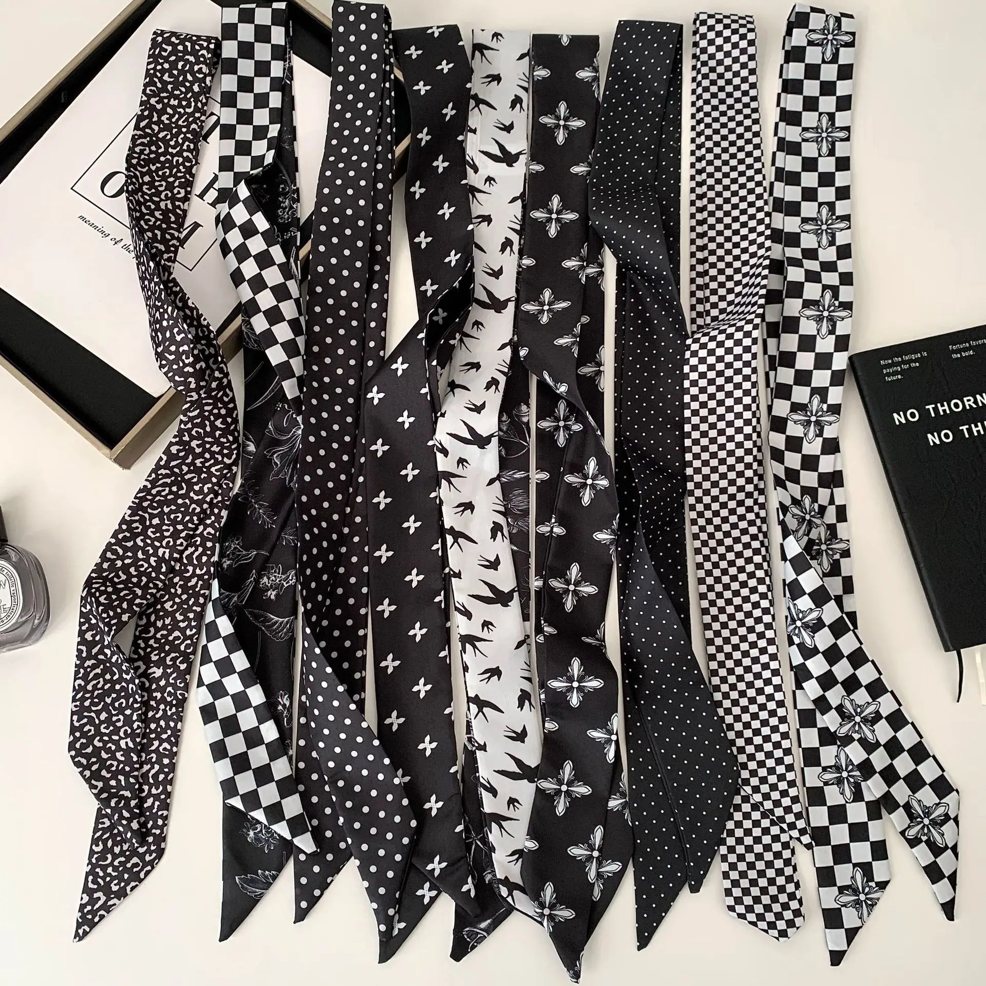 

Vintage Narrow Silk Scarf Women Retro Polka Dot Checkered Long Tie for Hair Head Neck Belt Daily Use Soft Lightweight