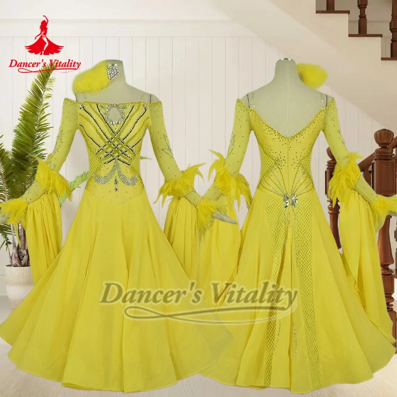 

Взрослые платья для конкурса вальса Фокстрота, женские бальные платья в стиле перьев, роса, плечо, с длинными рукавами, танцевальная одежда на заказ, жизненная танцовщица