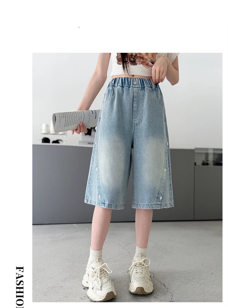 Sommerliche Mädchen-Mode-Jeans-Shorts mit Perlen für Kinder, lässige knielange Jeanshosen, elegante blaue Jeans für junge Mädchen, Sonderangebote. – Detail 2