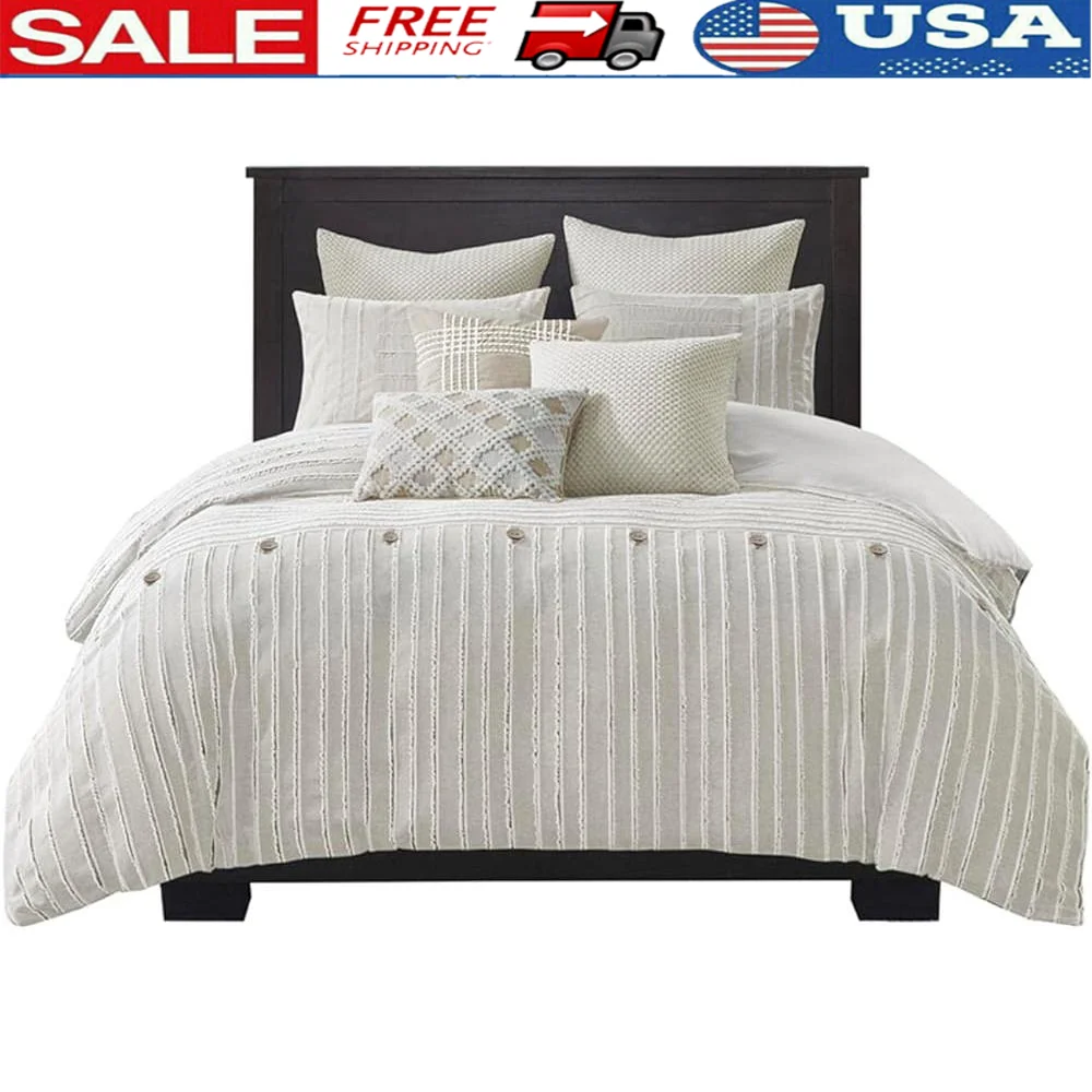 

King Comforter Set Oversized Cotton Jacquard Stripes Boho Decorative Pillows Easy Care Removable Cover Fluffy Down Alternative 9