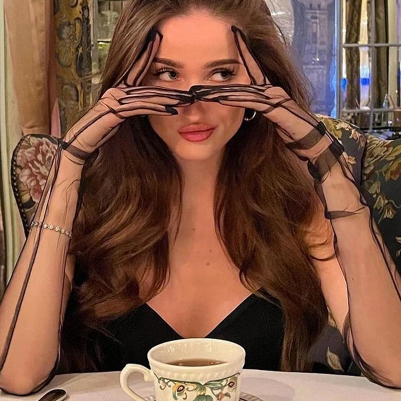 70cm Sexy Black Lace Net yarn Mesh Breathable Long Gloves Hollow Transparent Thin Touch Screen Summer Sunscreen Man Women Gloves