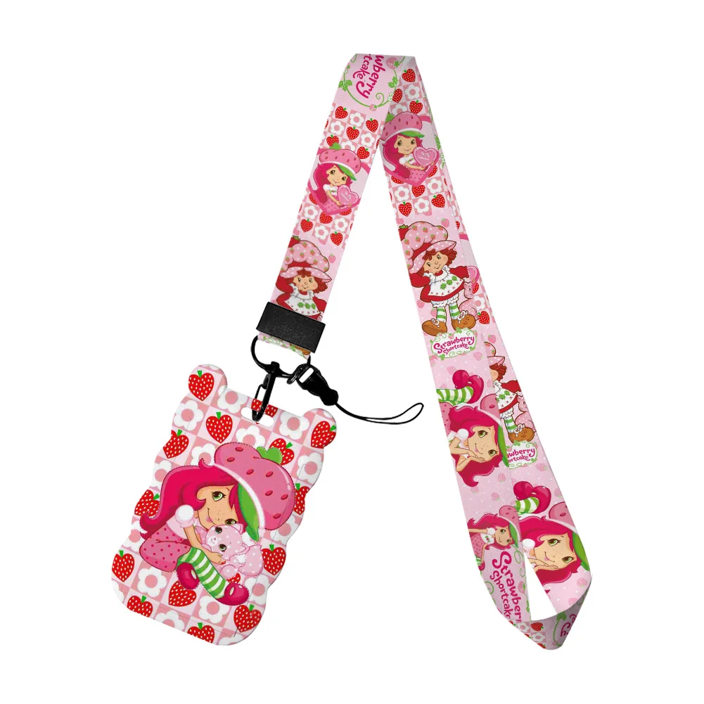 

Strawberry Girl W Cartoon Card Holder Lanyard Keychain Business Badge Holders Neck Strap Student Card CaseCards Cover