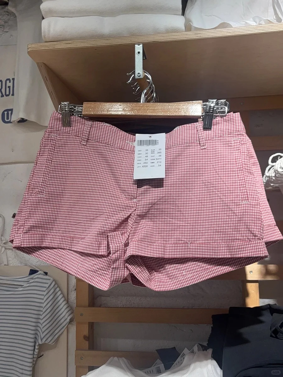 สีชมพูหวานลายสก๊อตกางเกงขาสั้นผู้หญิงฤดูร้อนผ้าฝ้ายลำลองหลวมยืดหยุ่นเอวสูงกางเกงวินเทจสไตล์พรีปปี้สเวตเชิ้ต