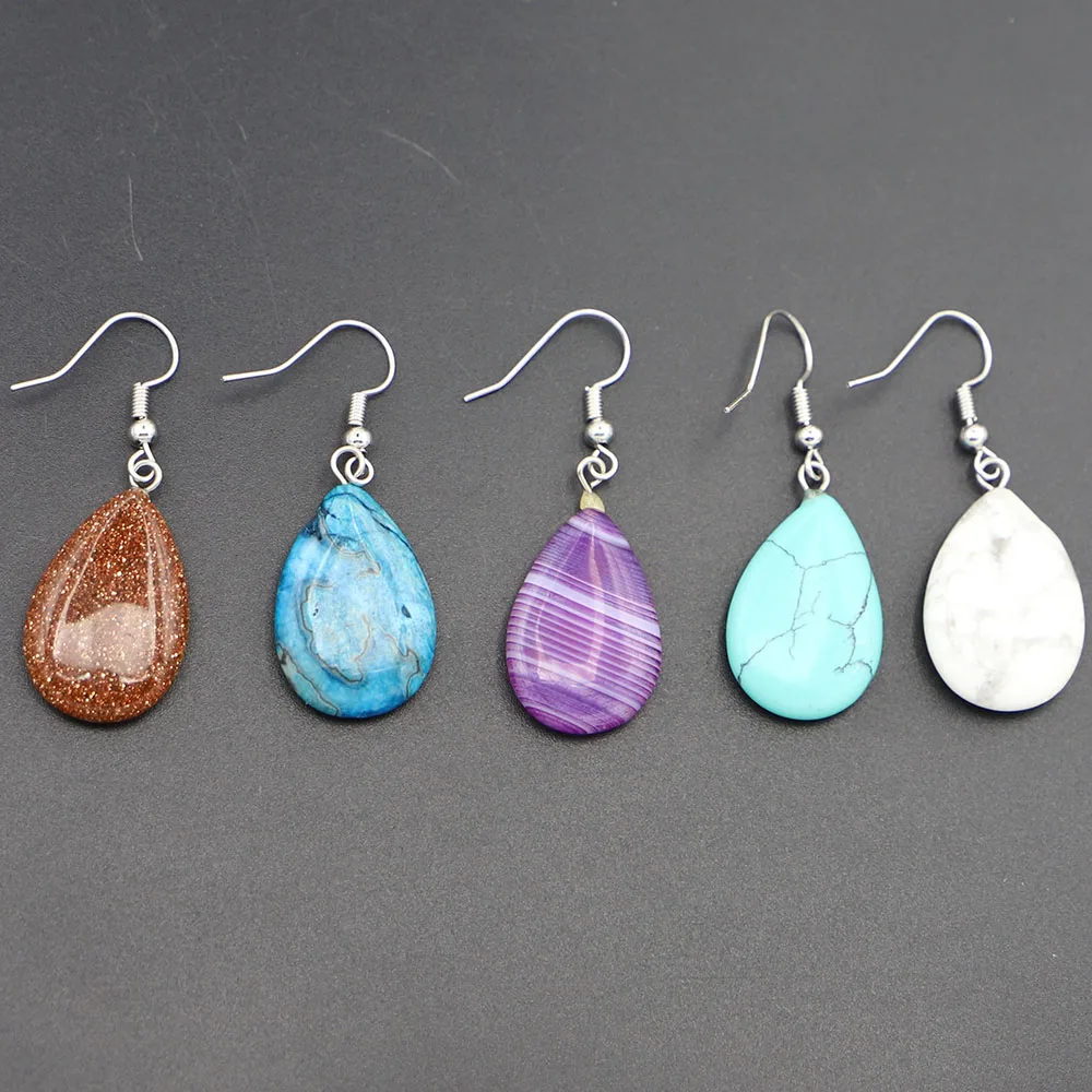 1Pair Natural Stone Flat Water Drop Earrings Pendant Rose Quartz Opal Crystal Agate Dangle Women Party Wedding Jewelry Wholesale