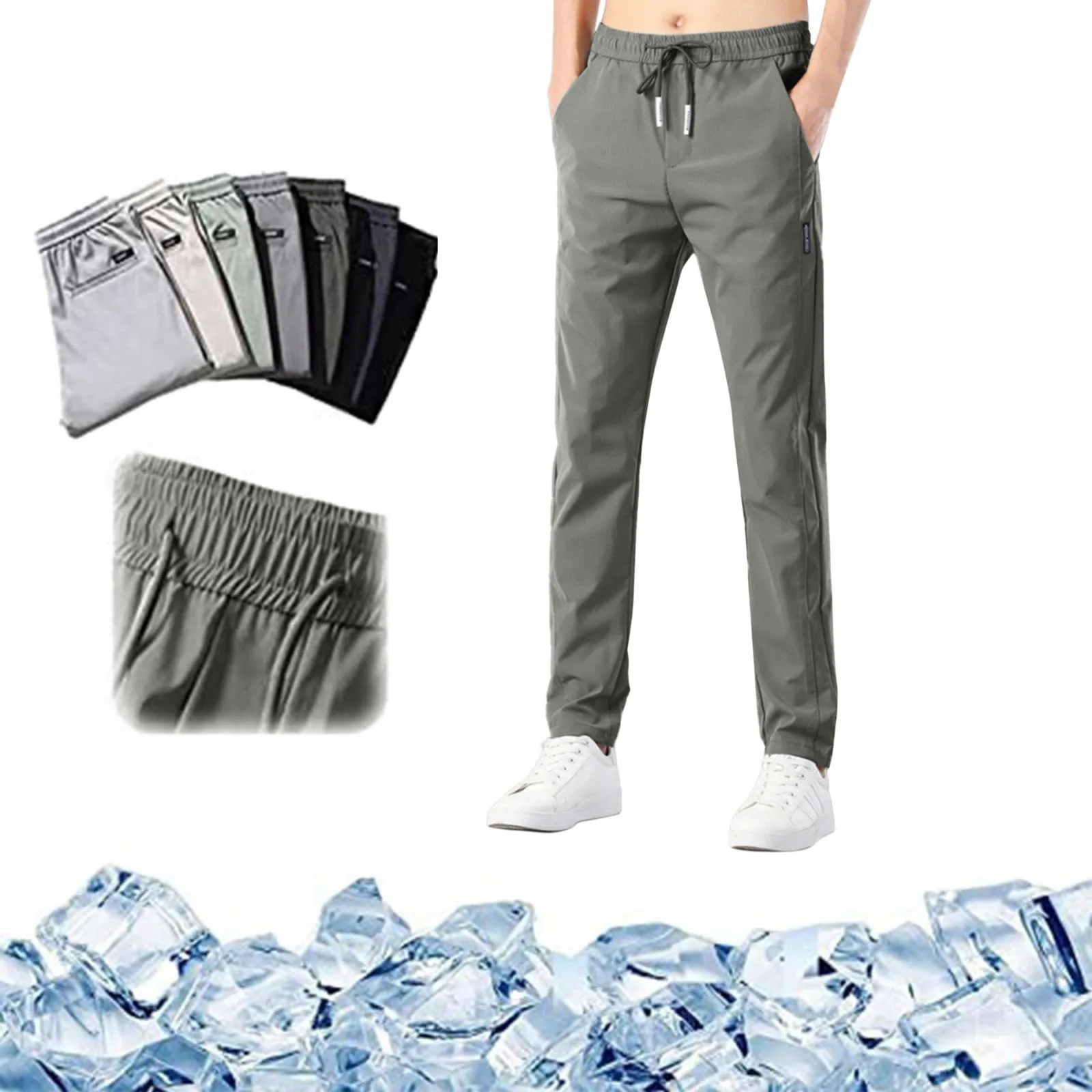 Pantalones ajustados informales de verano para hombre, Pantalones rectos de seda de hielo finos, pantalones deportivos elásticos de Color sólido de secado rápido para exteriores