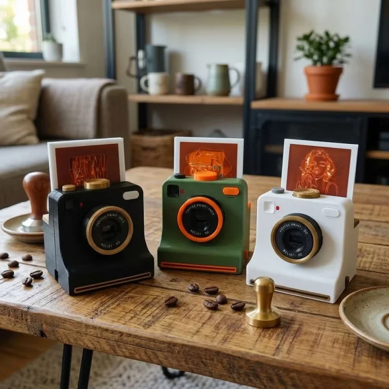 3D Printed Funny Coffee Latte Camera Replaceable Cards One Touch Press DIY Latte Art Camera* Tool Vintage Look Included Stencils