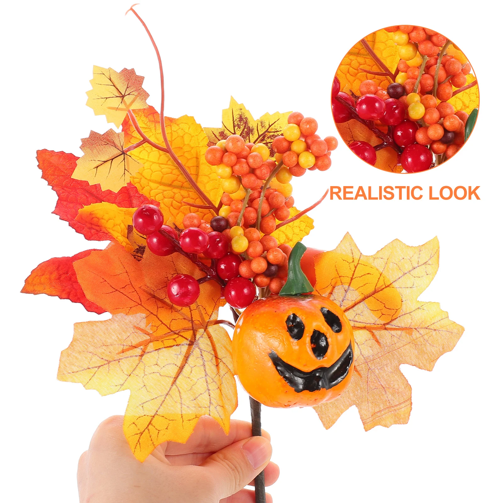

3pcs Artificial Pumpkin Branch Fall Picks Thanksgiving Maple Leaves Vase Filler Rustic Farmhouse Decor Simulation Stem Orange