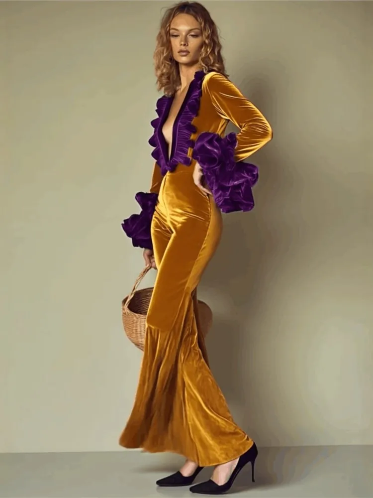 

Fashionable Long-sleeved Deep V-neck Jumpsuit For Women Autumn Winter Gold Velvet Splicing Long-sleeved Casual Jumpsuit Female