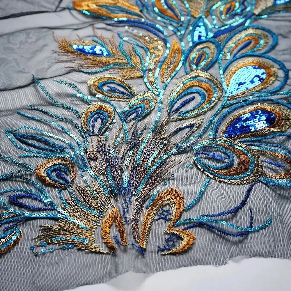 Elegant Red Blue Sequined Embroidery Patches Phoenix Peacock Black Mesh Phoenix Birds Applique Lace Fabrics Applique Dress DIY