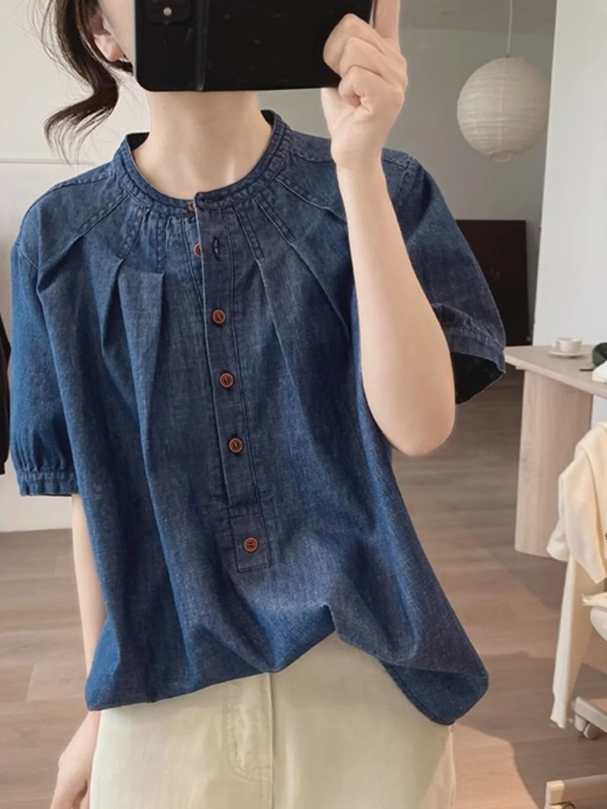 Retro Cotton Denim ort Sve irt Damen Loose Fit Casual Top Vintage Sle Sommer Neuankömmling Schlankheitseffekt