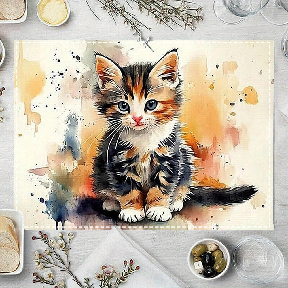 Watercolor Painting of A Cute Kitten Kitchen Table Mats, Coffee Coasters, Bowl Mats, Insulated Dinner Plate Mats