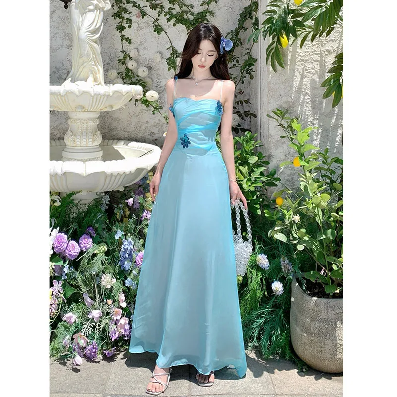 Luxus-Party-Abendkleid 2025, weibliche Mode, blauer Chiffon, sexy Schlinge, schlank, gerafft, Boho-Urlaub, Strand, langes Kleid, Robe