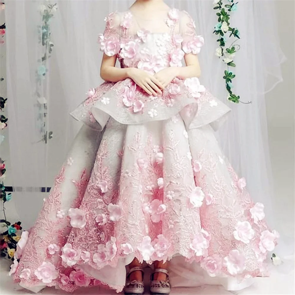 Luxury Pink Flower Girl Dress Fluffy Kids Princess Short Sleeve Floor Length Wedding Tulle Prom Birthday Ball Evening Gowns