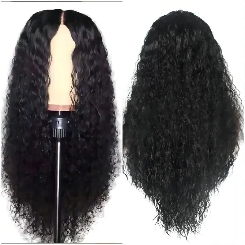 New Women's Synthetic Wig Fashionable Black Small Curly Water Ripple Corn Perm Center Parted Bangs Full Head Cover