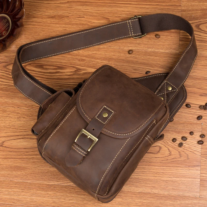 Handmade leather chest bag men's first leather motorcycle bag retro crazy horse leather shoulder bag men's bag