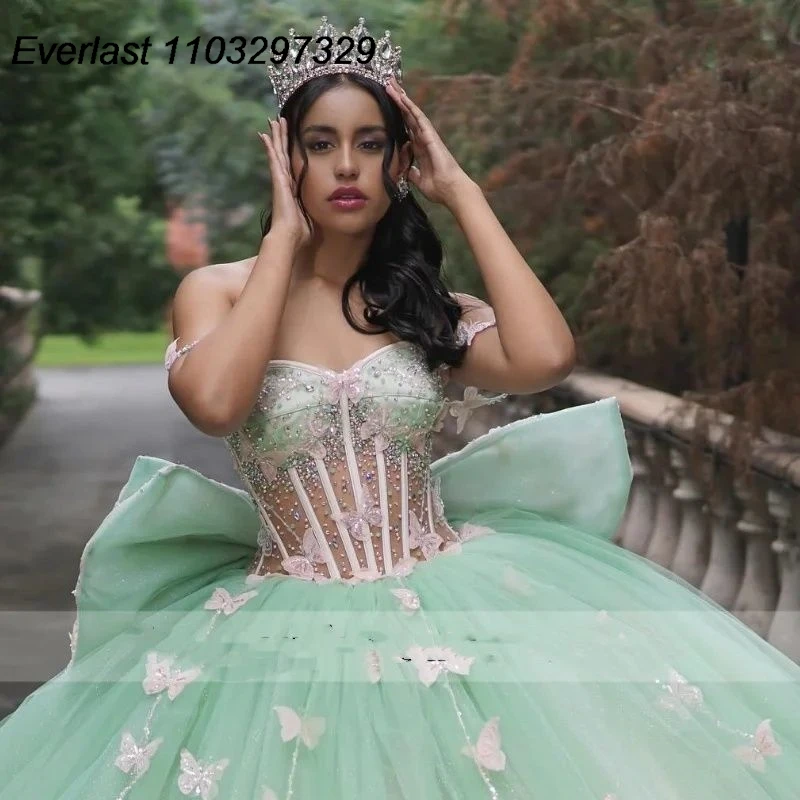 EVLAST Glitter salvia Green Bow Quinceanera Dress Ball Gown 3D Butterfly Applique corsetto con perline Sweet 15 Vestido De 15 Anos TQD595