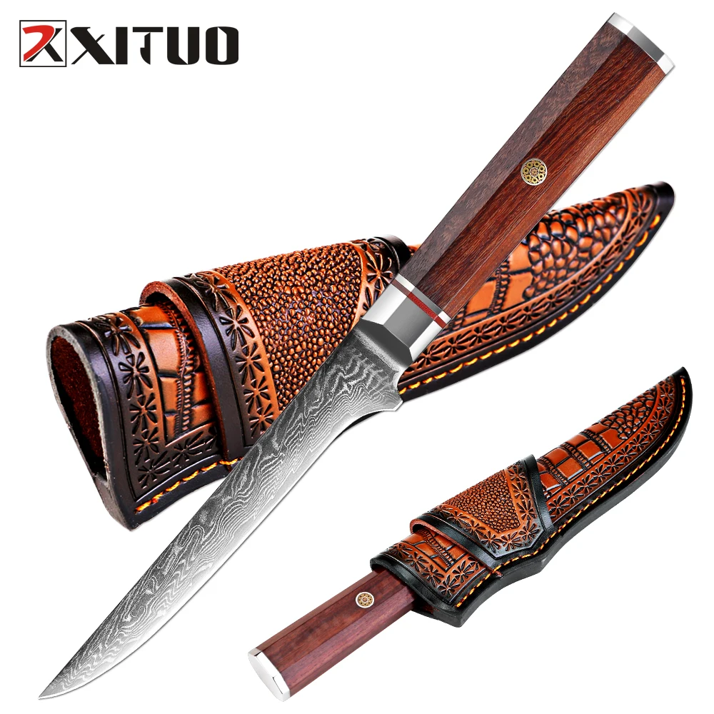 

Japanese Damascus Steel Kitchen 6Inch Boning Knife Curved Fillet Knife Deboning Knife Red Acid Branch Handle with Leather Sheath