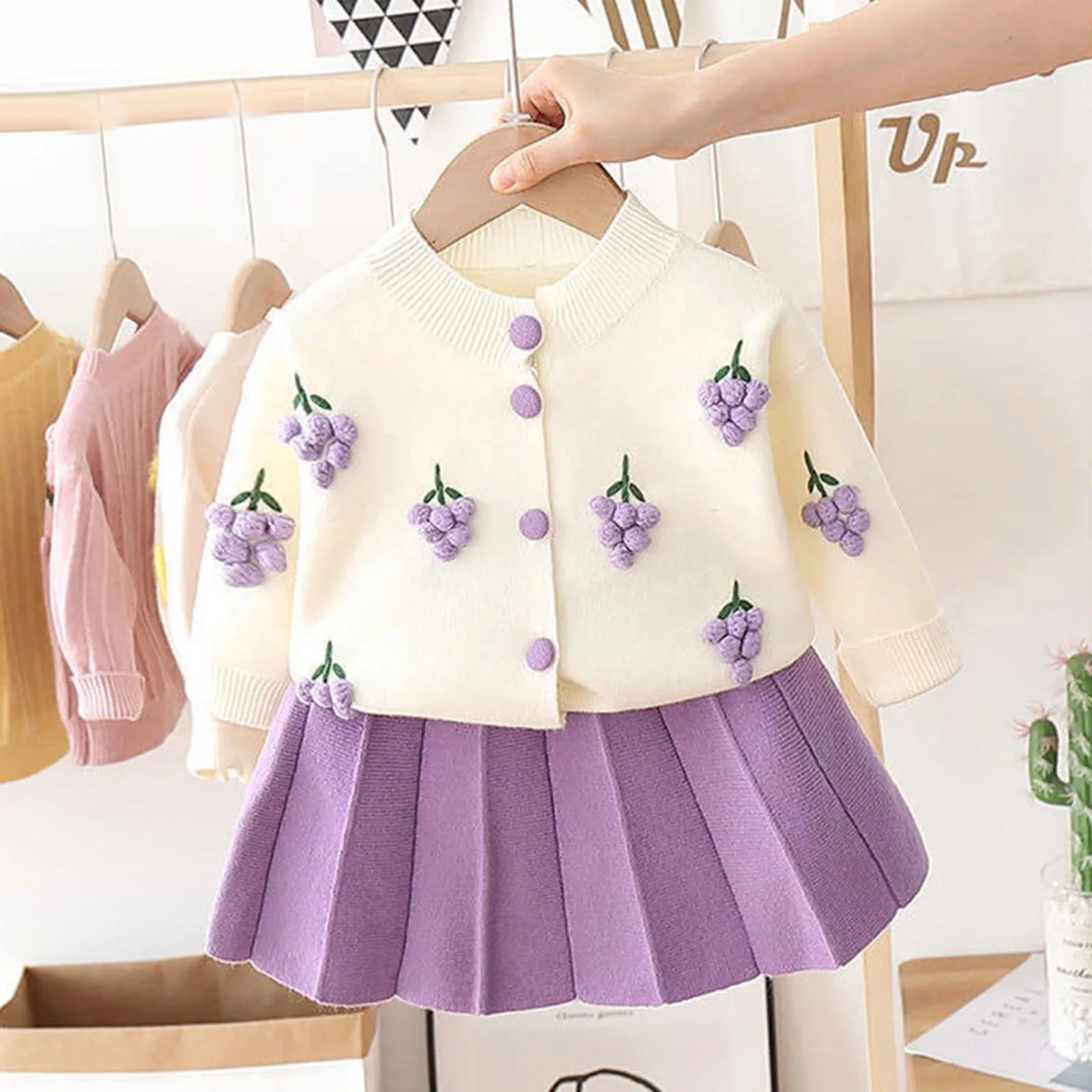 2023 autunno bambini maglione gonna ragazze Set bambini Cardigan lavorato a maglia cappotto gonna dolce cartone animato inverno Set abbigliamento