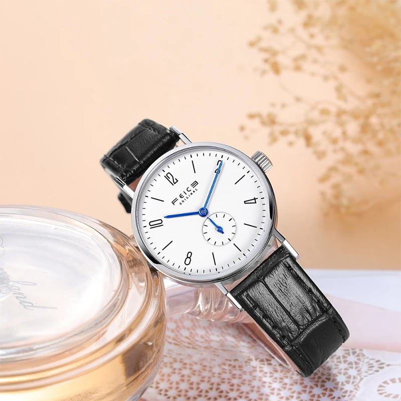 FEICE Round Bauhaus Women Quartz Watch Analog Display Casual Leather Watches Fashion Synthetic Sapphire Quartz Watch for Women