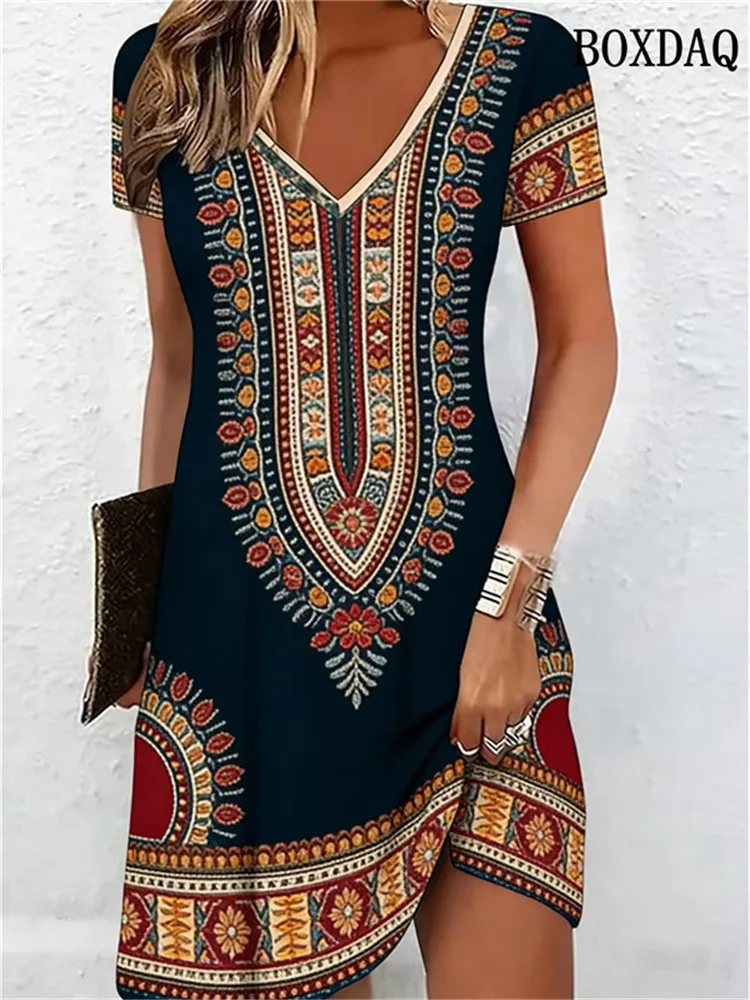 Ethnic Style Women Dress V-Neck Print Contrast Color Geometric Printing Pullover Loose Short Sleeve Midi Dress Plus Size Summer