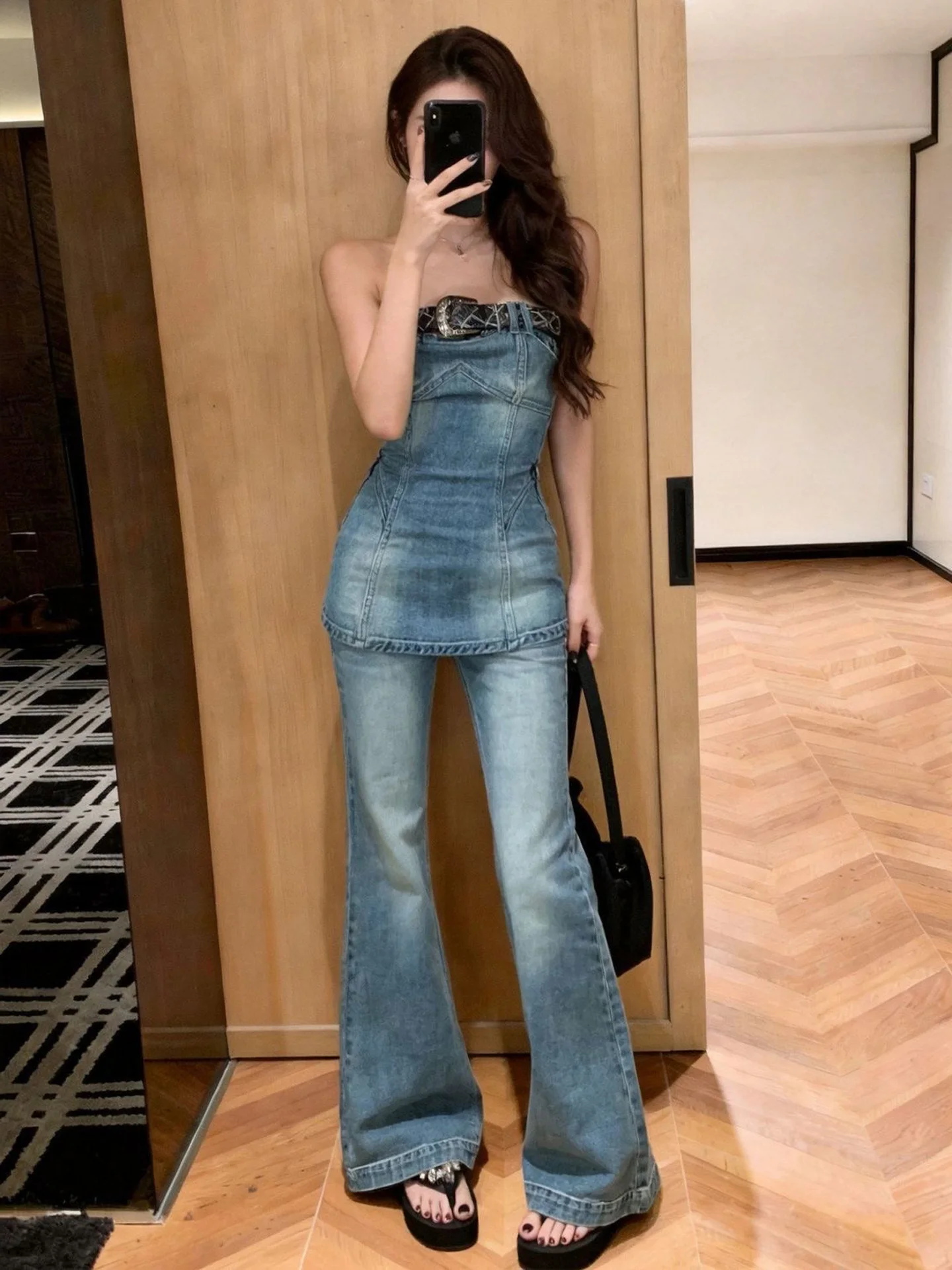 Retro Distressed Denim Crop Top And High Waist Flared Pants Women's Autumn Versatile Fashionable Ladies' Denim Set