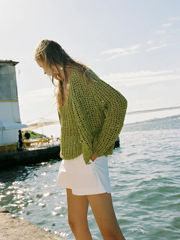 

Spring New Arrival Women's Knitted Long Sve V-Ne Jaet Versatile Decorative Commute Sle Single Piece Pure Color