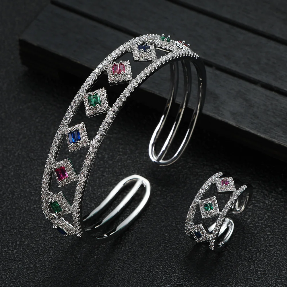 

HIBRIDE Retro Temperament Open Bracelet Ring sliver color suit Women's Dress Daily Decoration Jewelry Wedding Ball Gift B213