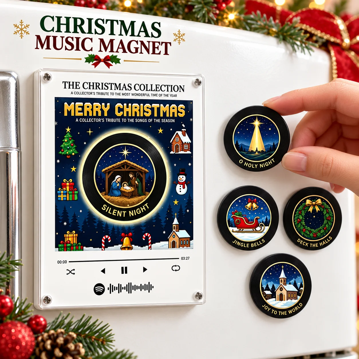 Christmas NFC Magnetic Vinyl Record Player Rotating Music Box LED Light Fridge Magnet Desktop Holiday Decoration
