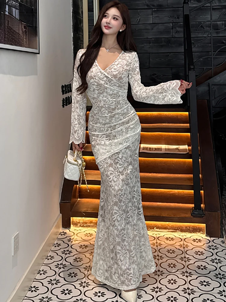 2025 Black Lace Jacquard Long Sleeve V-Neck Maxi Dress Women Vintage Hepburn Luxury Gown Autumn Winter Korean Bodycon Prom Dress