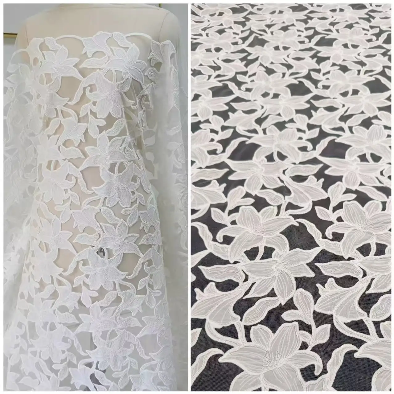 lace high quality luxury bridal fabric with cording and satin flowers For high custom Bridal wedding dresses, width 130cm