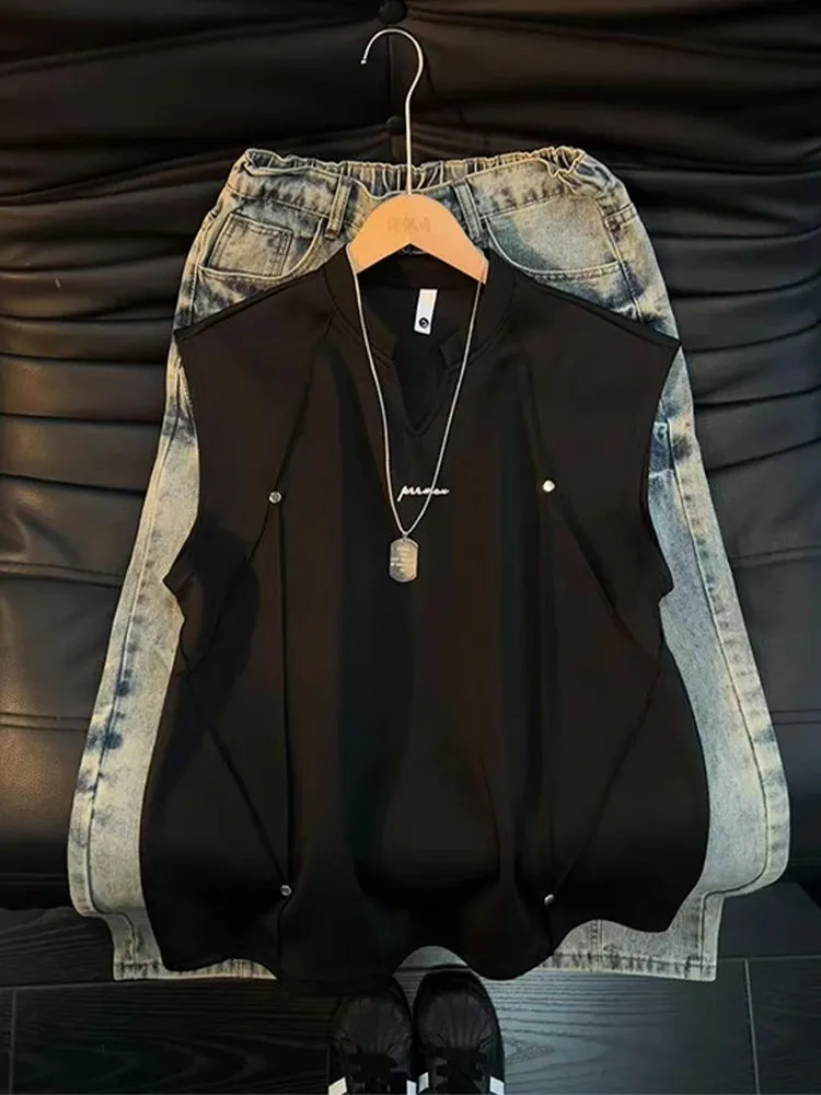 White Deconstructed Patchwork Rivet V-neck Vest Men's Summer Embroidered Sleeveless T-shirt Loose Sports Shoulder Pad