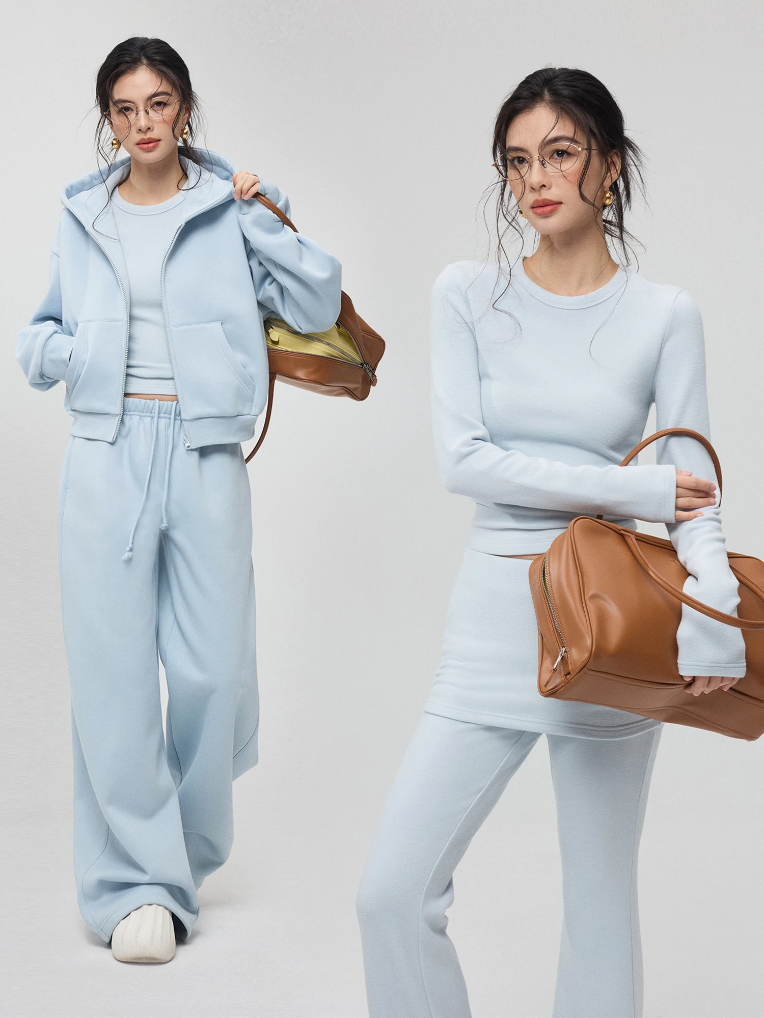 

Комплект спортивной одежды ZzZHANG Весна 2026: легкий кислородно-голубой повседневный спортивный костюм (худи и брюки) для женщин, базовый слой, удобный свободный крой