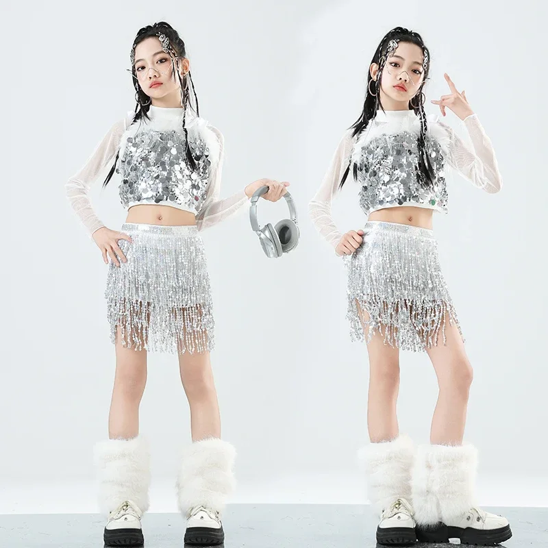 Meninas k-pop prata lantejoulas malha colheita topo calças de dança de rua crianças hip hop brilhante streetwear crianças jazz menina grupo roupas conjuntos